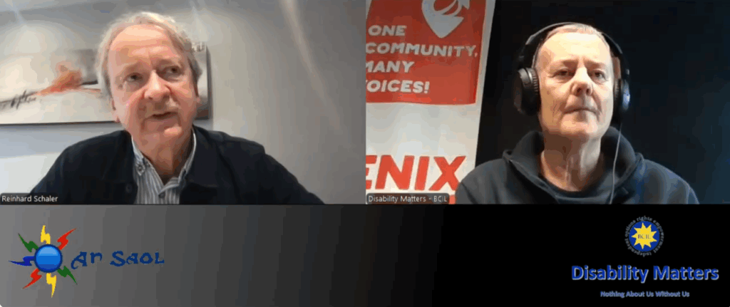 Two men participate in an online discussion. One wears headphones. A logo reads "An Saol" on the left, and "Disability Matters" on the right.