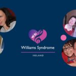 Collage of smiling people with colorful circles, featuring the Williams Syndrome Ireland logo in the center. The image conveys joy and community.