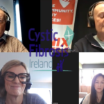 Four people are in a virtual meeting with "Cystic Fibrosis Ireland" and "Rights" logos visible. They are wearing headsets, appearing focused and engaged.