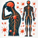 Illustration of a human silhouette with nervous system in orange, showing brain, spine, and nerves. Surrounding are various cells; the tone is educational.