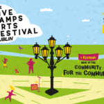 Colorful illustration for the Five Lamps Arts Festival 2026 in Dublin, featuring abstract landscapes, figures, and a prominent five-lamp post.